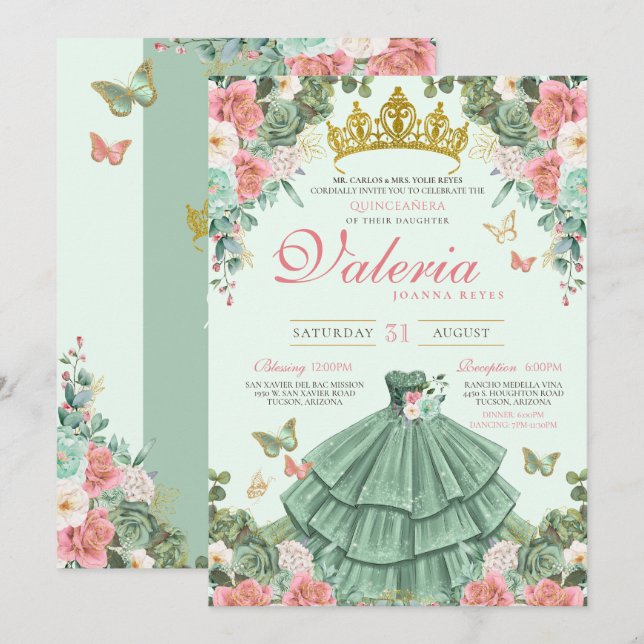 Mint Green Pink Roses Butterfly Princess Quince Invitation (Front/Back)