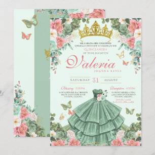 Mint Green Pink Roses Butterfly Princess Quince Invitation