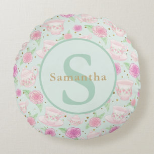 Mint Green Pink Tea Cups Personalised Monogram Round Cushion
