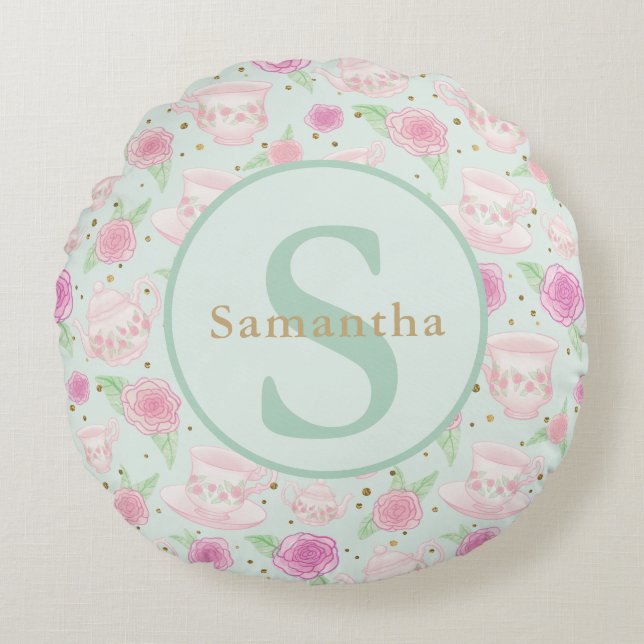 Mint Green Pink Tea Cups Personalised Monogram Round Cushion (Front)