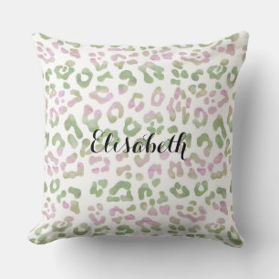 Mint Green Pink Watercolor Leopard Print Cushion