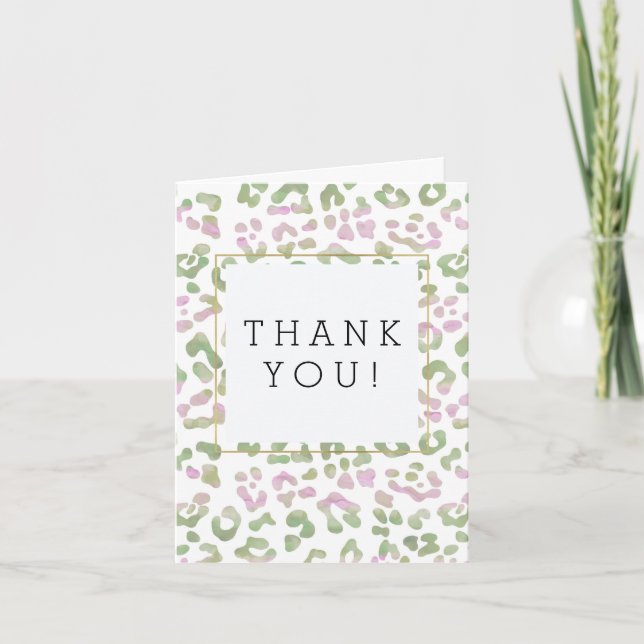 Mint Green Pink Watercolor Leopard Print Thank You (Front)
