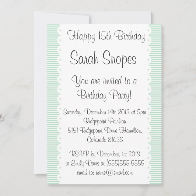Mint Green Pinstripes Birthday Party Invitation (Front)