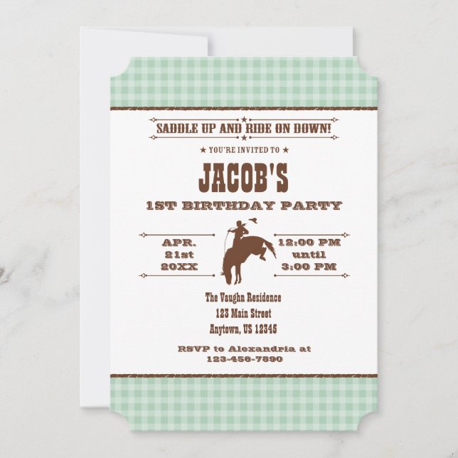 Mint Green Plaid Cowboy Rodeo Birthday Invitation (Front)