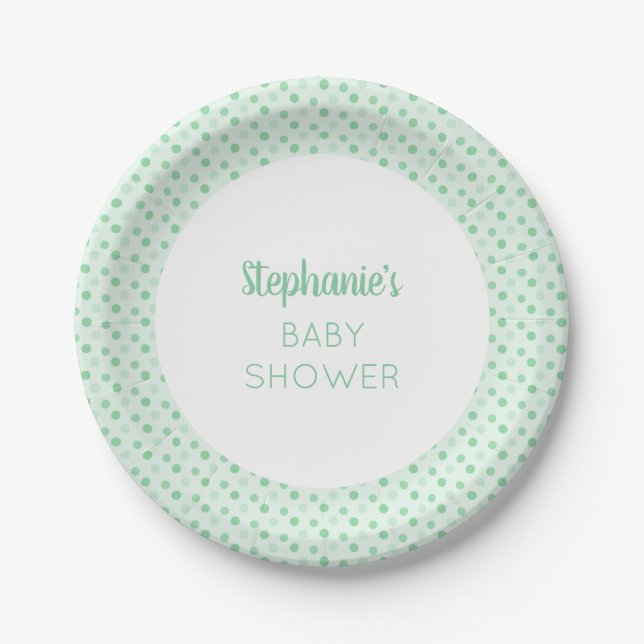 Mint Green Polka Dot Baby Shower Paper Plate (Front)