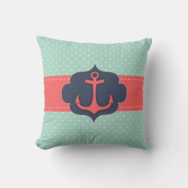 Mint Green Polka Dot Coral Pink Anchor Cushion (Front)