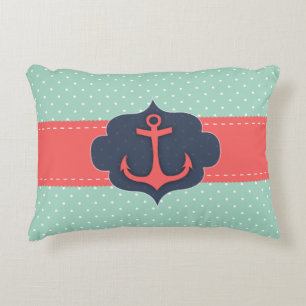 Mint Green Polka Dot Coral Pink Anchor Decorative Cushion