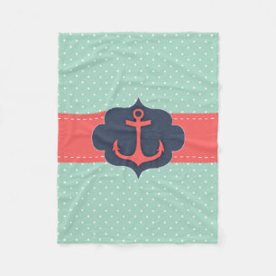 Mint Green Polka Dot Coral Pink Anchor Fleece Blanket