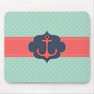 Mint Green Polka Dot Coral Pink Anchor Mouse Mat