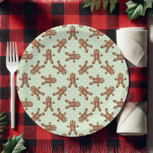 Mint Green Polka Dot Gingerbread Man Christmas Paper Plate