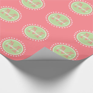 Mint Green Polka Dot Monogram on Coral Pink Wrapping Paper