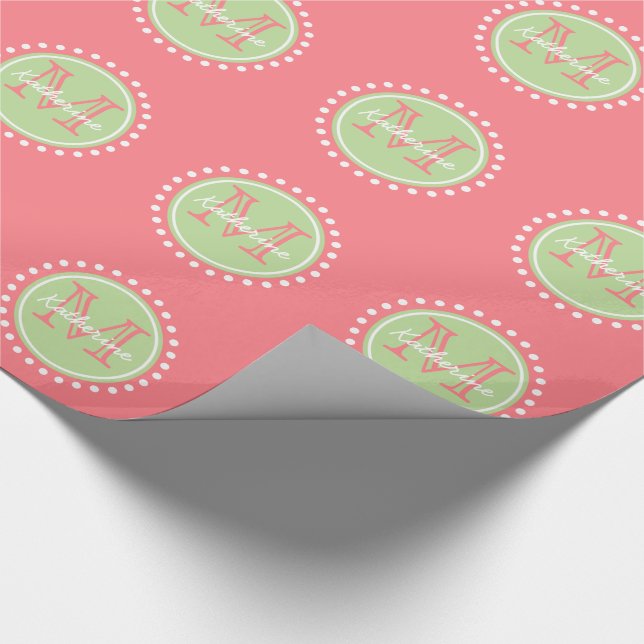 Mint Green Polka Dot Monogram on Coral Pink Wrapping Paper (Corner)