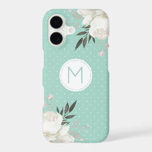 Mint Green Polka Dot White Rose Floral Monogram