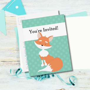 Mint Green Polka-Dots•Woodland Fox•Custom Invitation Postcard