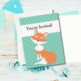 Mint Green Polka-Dots•Woodland Fox•Custom Invitation Postcard