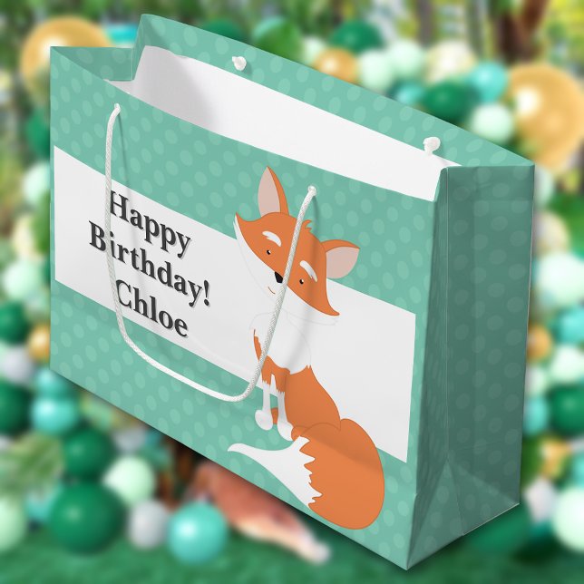 Mint Green Polka-Dots•Woodland Fox•Custom Large Gift Bag (Creator Uploaded)
