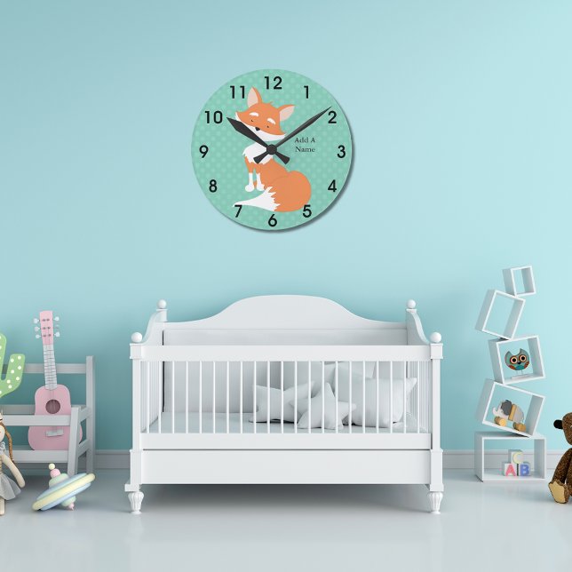 Mint Green Polka-Dots•Woodland Fox•Custom Round Clock (Creator Uploaded)