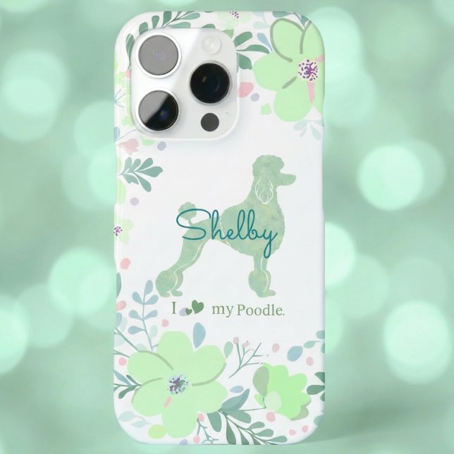 Mint Green Poodle Custom Name with Floral Wreath iPhone Case (Creator Uploaded)