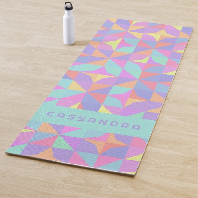 Mint Green Purple Blue Pink Midcentury Pattern Yoga Mat (In Situ)