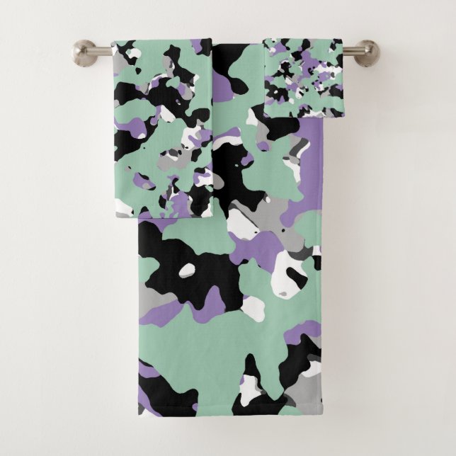 Mint Green & Purple Camouflage Camo Print Bath Towel Set (Insitu)