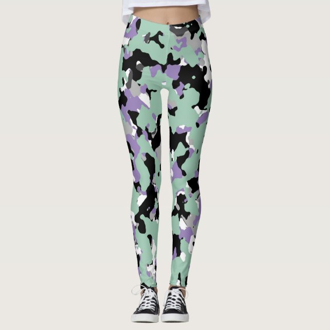 Mint Green & Purple Camouflage Camo Print Leggings (Front)