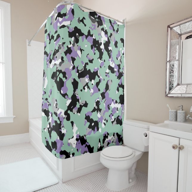 Mint Green & Purple Camouflage Camo Print Shower Curtain (In Situ)