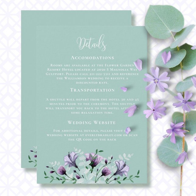 Mint Green Purple Floral QR Code Detail Wedding Enclosure Card (Creator Uploaded)
