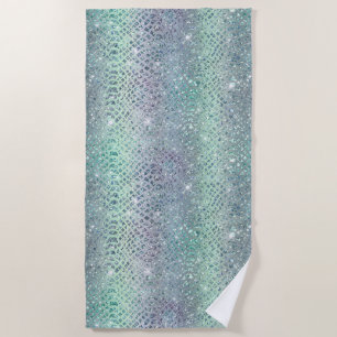 Mint Green Purple Glitter Snake Print Beach Towel