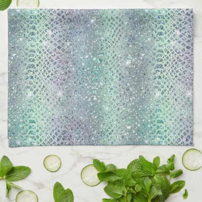 Mint Green Purple Glitter Snake Print Tea Towel (Folded)