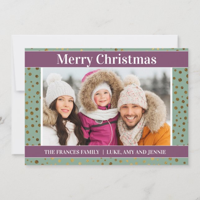Mint Green Purple Snowflakes Photo Christmas Card (Front)