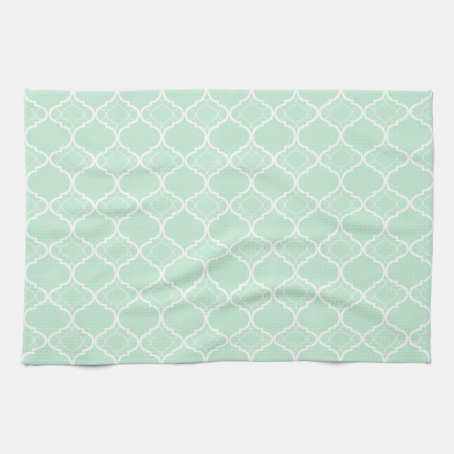 Mint Green Quatrefoil Geometric Pattern Tea Towel (Horizontal)
