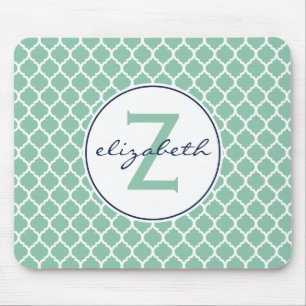 Mint Green Quatrefoil Monogram Mouse Mat