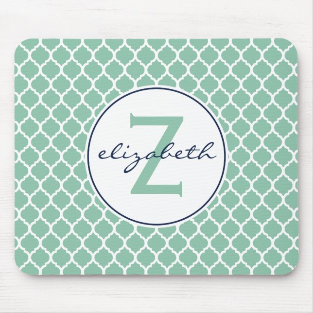 Mint Green Quatrefoil Monogram Mouse Mat (Front)