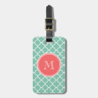 Mint Green Quatrefoil Pattern, Coral Monogram