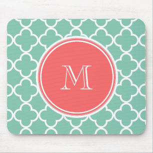 Mint Green Quatrefoil Pattern, Coral Monogram Mouse Mat