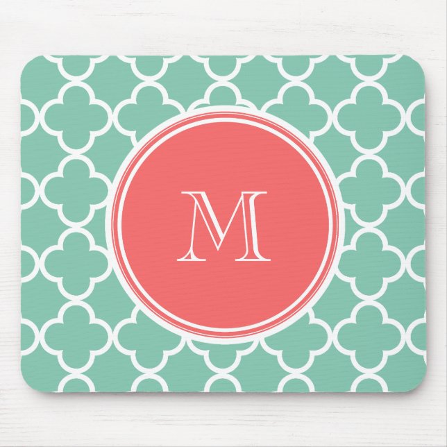 Mint Green Quatrefoil Pattern, Coral Monogram Mouse Mat (Front)