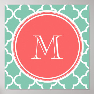 Mint Green Quatrefoil Pattern, Coral Monogram Poster