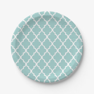 Mint Green Quatrefoil Tiles Pattern Paper Plate
