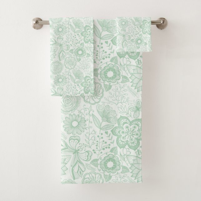 Mint-green retro flowers pattern bath towel set (Insitu)