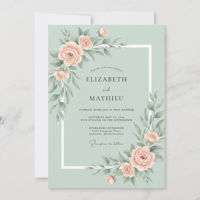 Mint Green Romantic Rose Wedding Invitation (Front)
