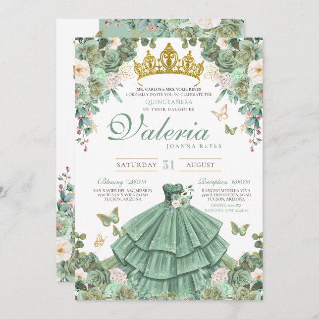 Mint Green Rose Butterfly Princess Quinceanera Invitation (Front/Back)