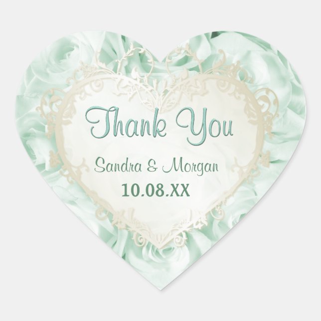 Mint Green Rose Elegance -  Thank You Heart Sticker (Front)