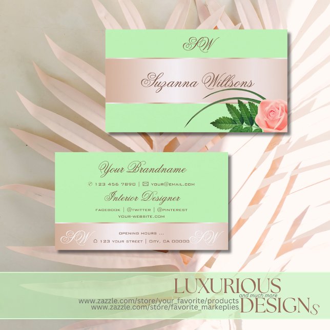 Mint Green Rose Gold Decor Flower with Initials Business Card (Creator Uploaded)