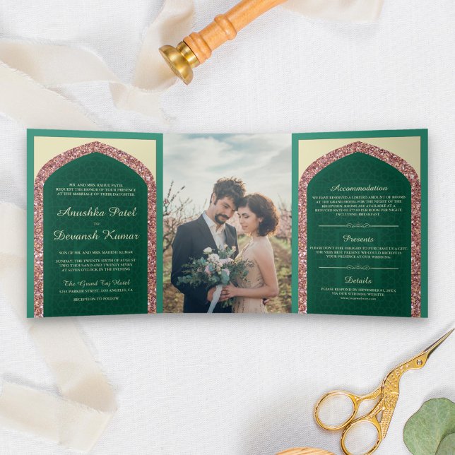 Mint Green Rose Gold Glitter Indian Wedding Tri-Fold Invitation (Creator Uploaded)