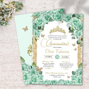 Mint Green Roses & Butterfly Quinceanera Invitation