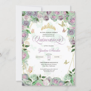 Mint Green Roses Elegant Butterfly Quinceanera In Invitation