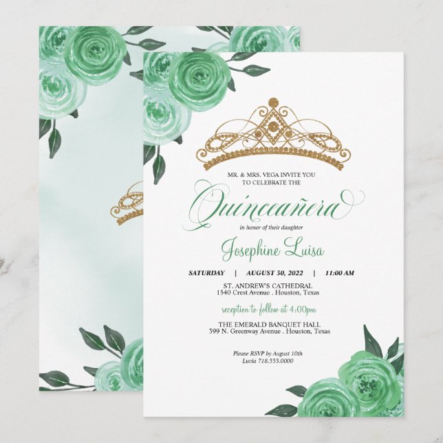 Mint Green Roses Golden Tiara Quinceañera Birthday Invitation (Front/Back)