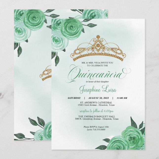 Mint Green Roses Golden Tiara Quinceañera Birthday Invitation (Front/Back)