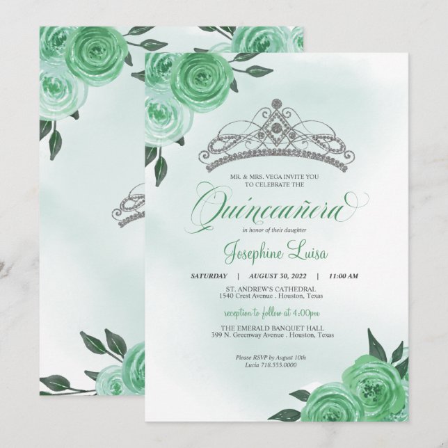 Mint Green Roses Silver Tiara Quinceañera Birthday Invitation (Front/Back)