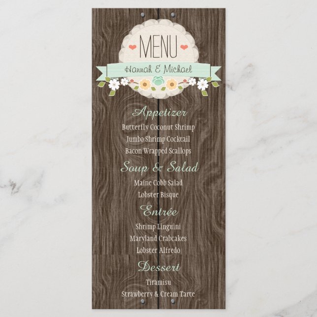 Mint Green Rustic Floral Wedding Menu Card (Front)